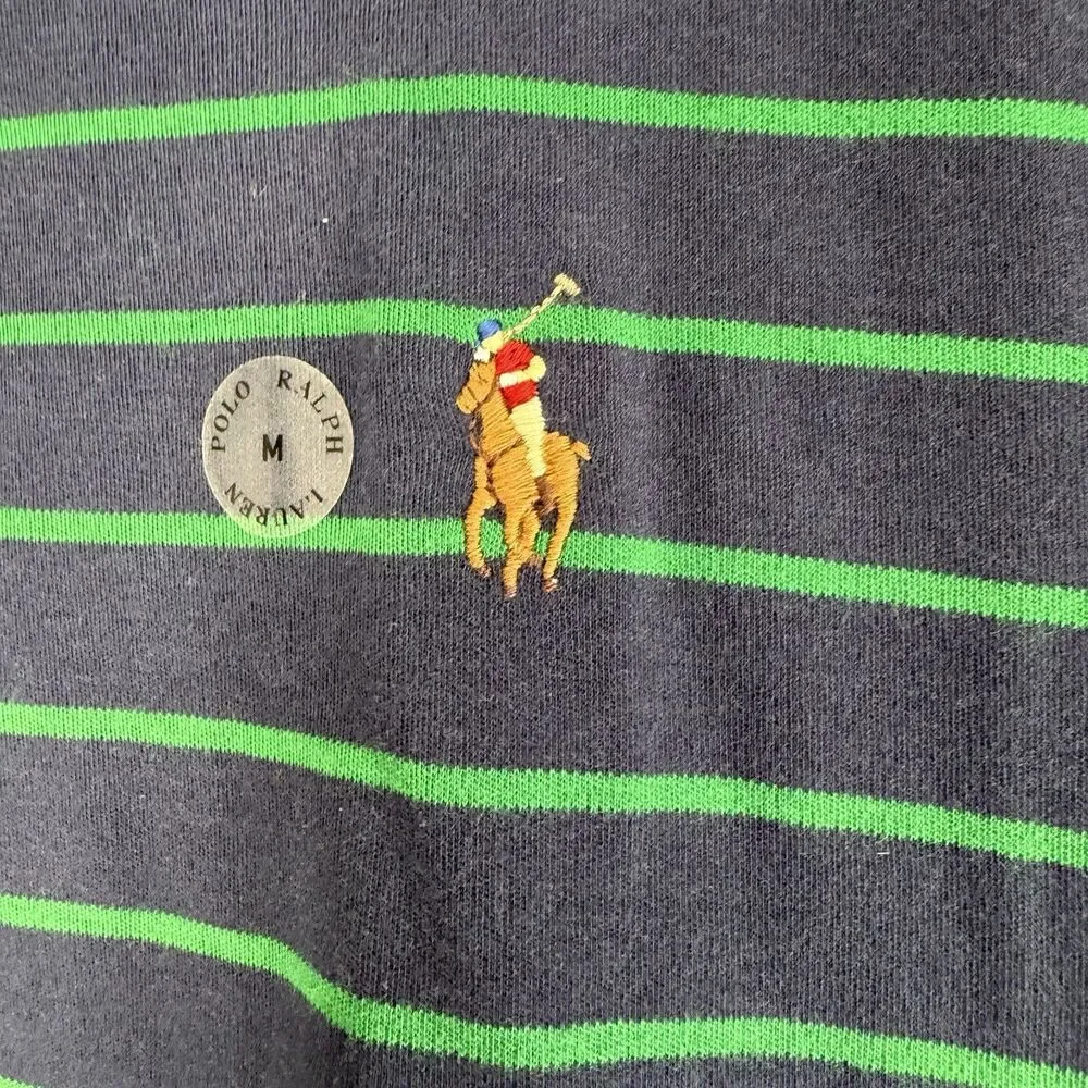 Polo Ralph Lauren Navy Green Striped Polo MEDIUM Custom Slim Fit Cotton Preppy